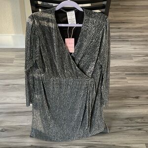 Womens cocktail party dress, black and silver, midi, long sleeves, size L, Serra